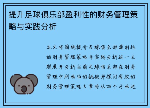 提升足球俱乐部盈利性的财务管理策略与实践分析